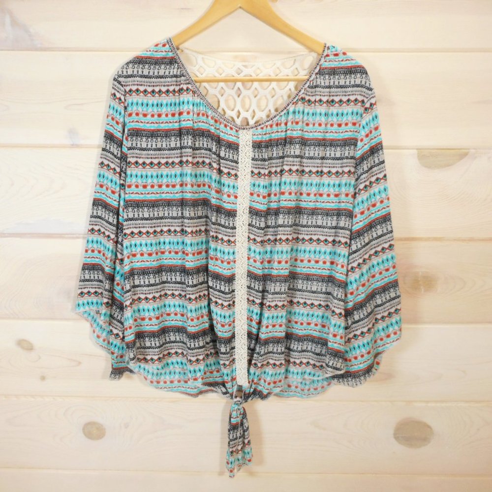 Live & Let Live Size L Top Tie Front Blouse Crochet Back Boho Southwest
